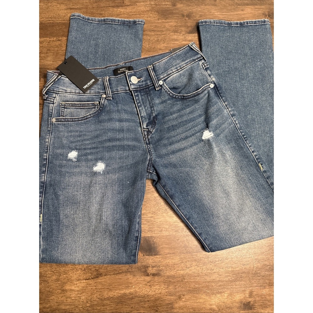 NWT True Religion Ricky Rip Repair Blue Comet Relaxed Straight Jeans 30x34 New